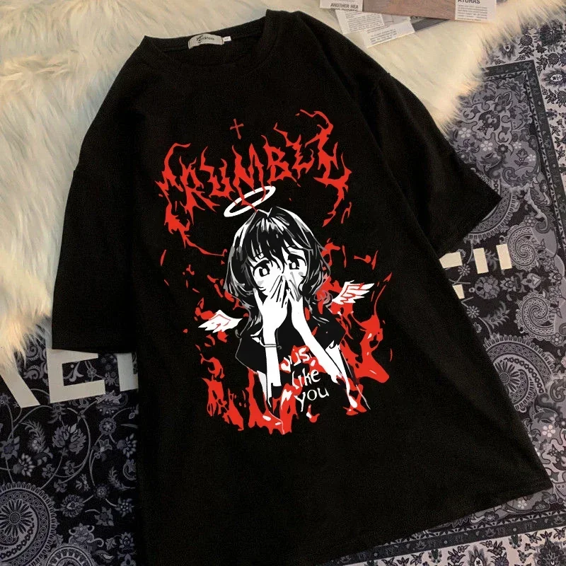 Gótico punk dos desenhos animados manga curta camiseta feminina o pescoço harajuku ulzzang hip hop solto casual streetwear roupas estéticas