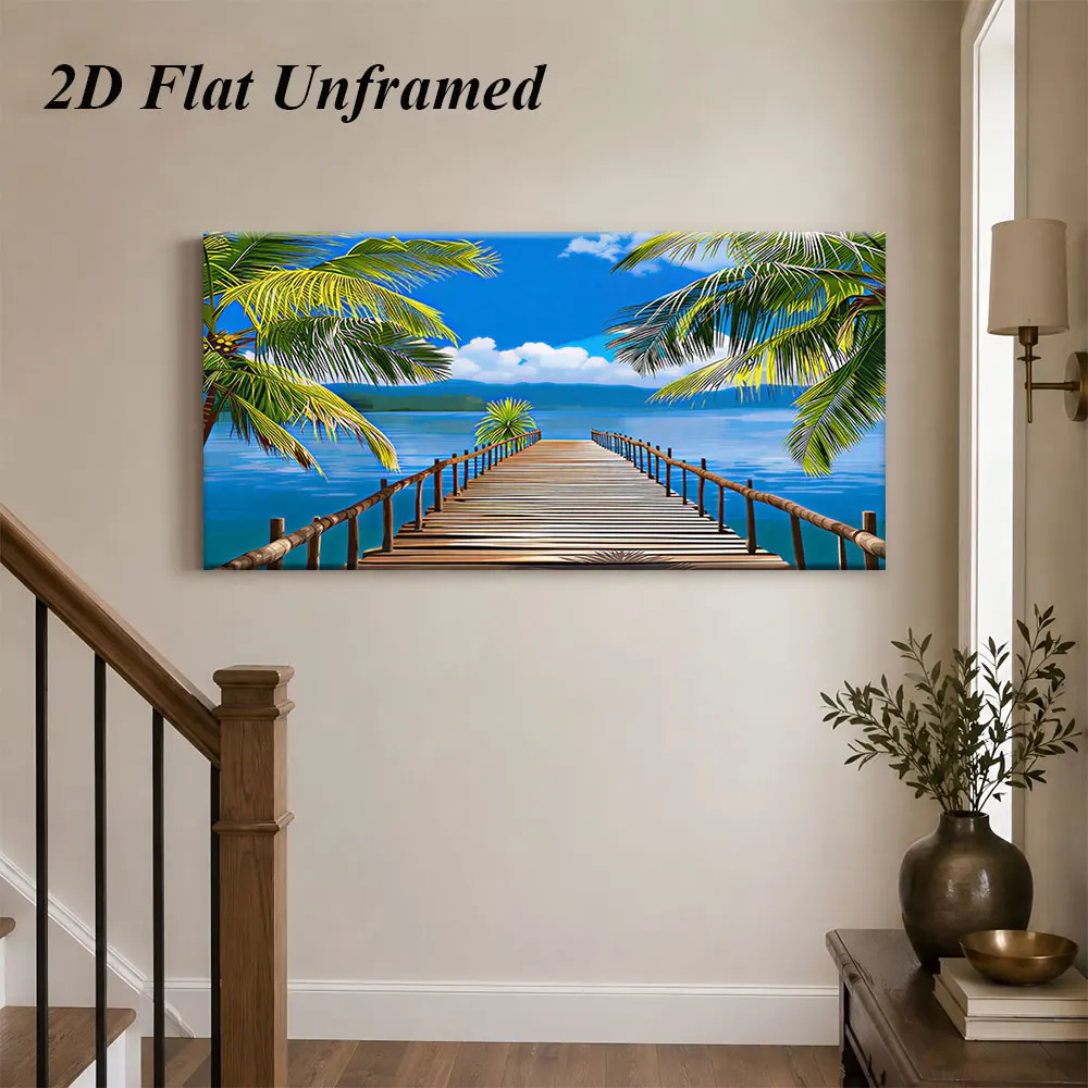 (1PC Unframe)1 Tropical Beach Pier Frameless Decorative Painting Modern Minimalist Decorative Painting 2D Plan