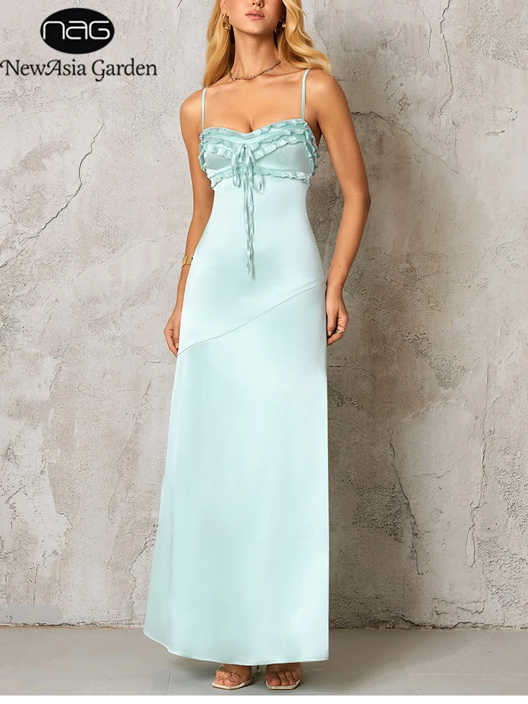 

NewAsia Sexy Open Back Satin Maxi Dress Ruffle Adjustable Spaghetti Straps Tie Back Zipper Elegant Slinky Formal Gown for Women