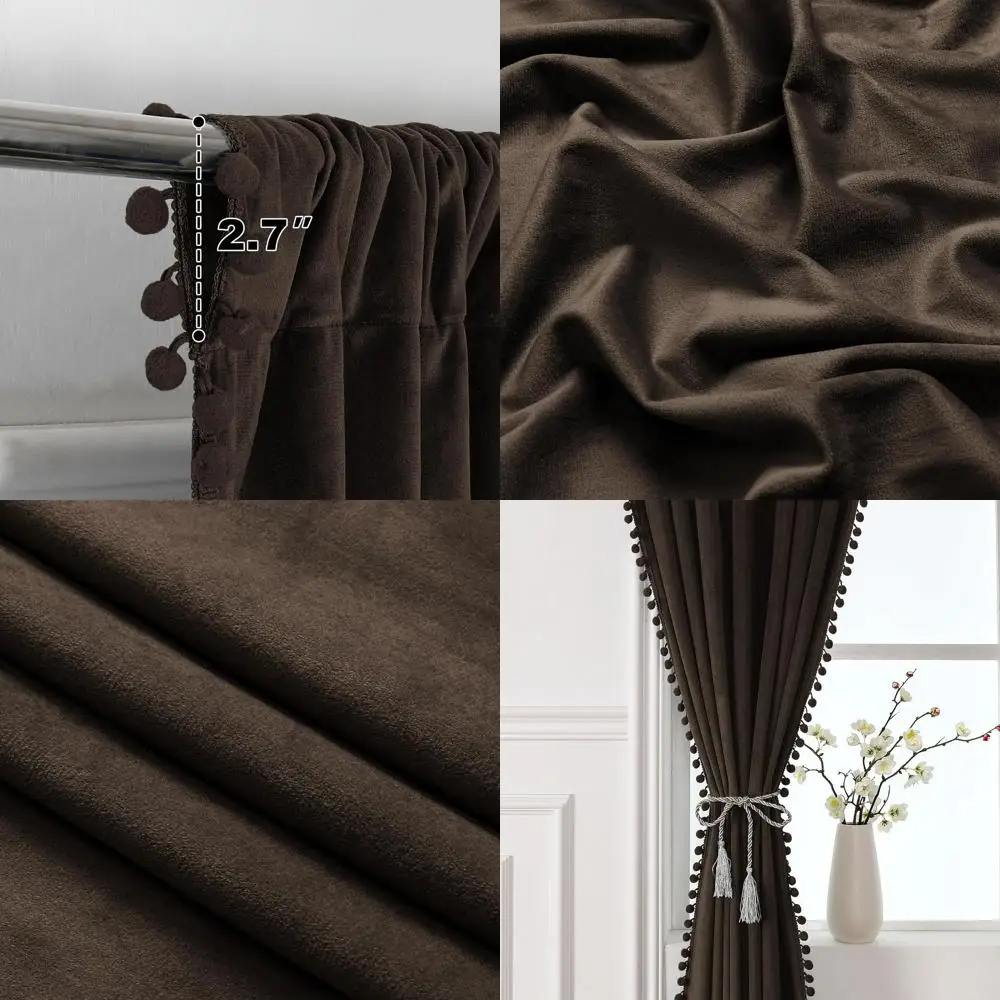 Brown Velvet Room Darkening Curtains, 52x120 Inches, 2-Panel Set for Bedroom and Living Room