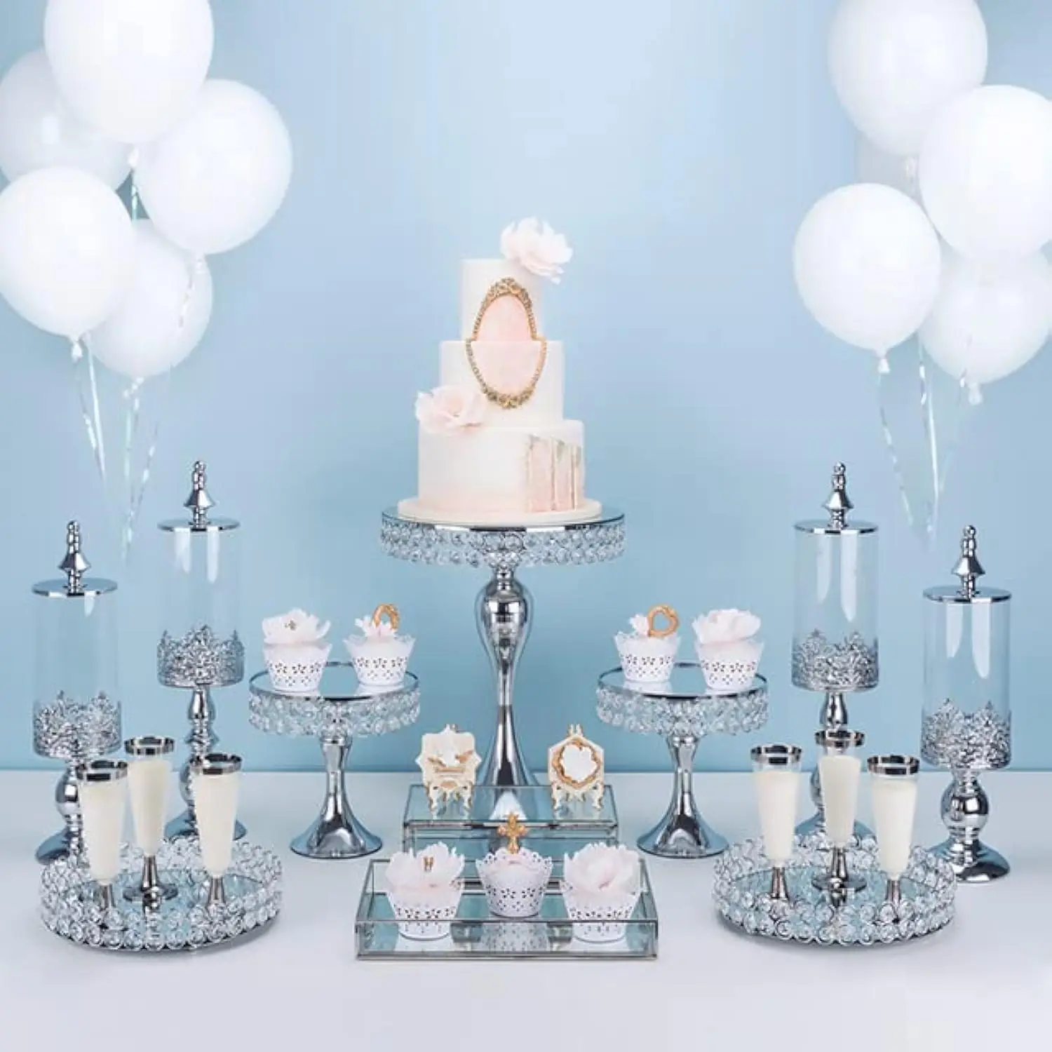 Silver 11 PCS Crystal Wedding Cake Stand Set Metal Cupcake Plate Holder Desert Display Tower Wedding Birthday Party Decoration