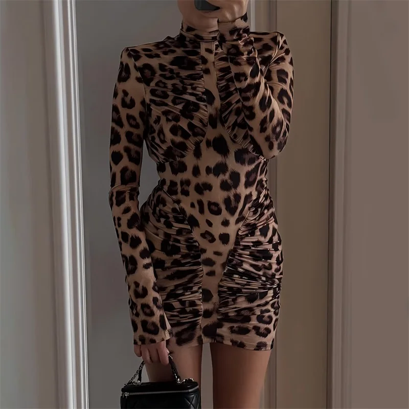 Leopard Print Prom Dress Sexy Backless High Neck Full Sleeves Sheath Short Mini Party Bridal Gown Formal Wedding Birthday Robe