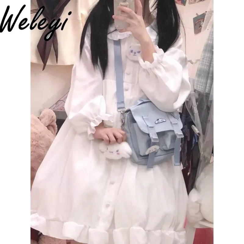 

Japanese Fashion Soft Girl Dress Spring and Autumn New in Cute Sweet Girl Doll Collar College Style White A Princess Midi Kleid