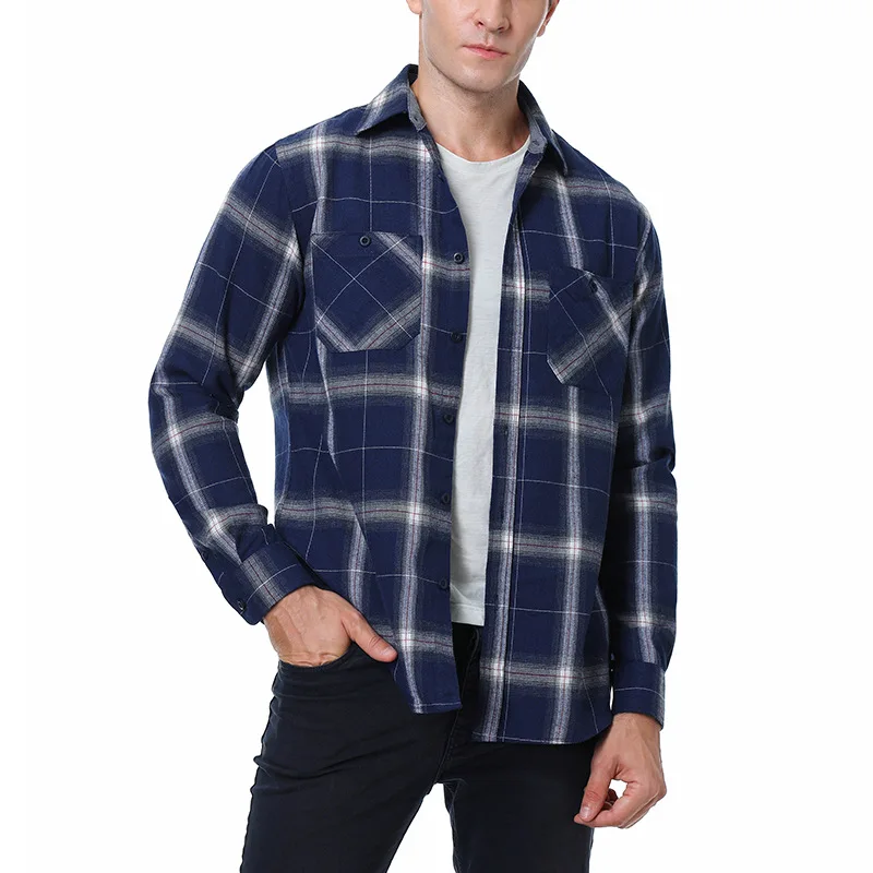 Spring Autumn Men's Brushed Checkered Shirt Fashion Loose Plus Size Long Sleeve Casual Double Pocket Plaid Cardigan Shirt