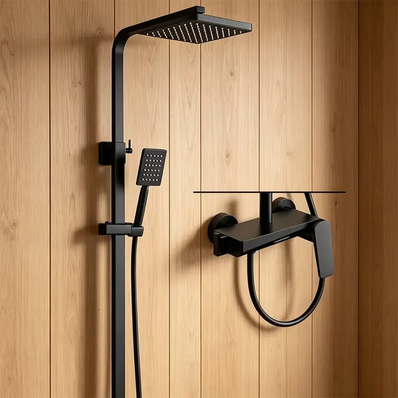 WEIHAO Matte Black Wall Mounted 2 Function Shower Set square Rain Overhead and Handheld Shower Head Bathroom Shower System