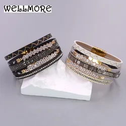 WELLMORE fashion glass embellished leather bracelets for women casual wear cuff bracelet Magnet button charm bracelet