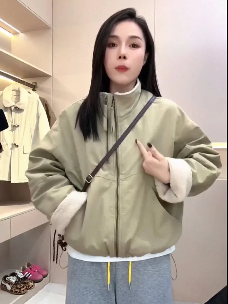 

Short Lamb Fur Jacket Women's Loose Fit Stand Collar Double Zipper Cotton Coat Autumn Winter New Style Small Size Upper Body