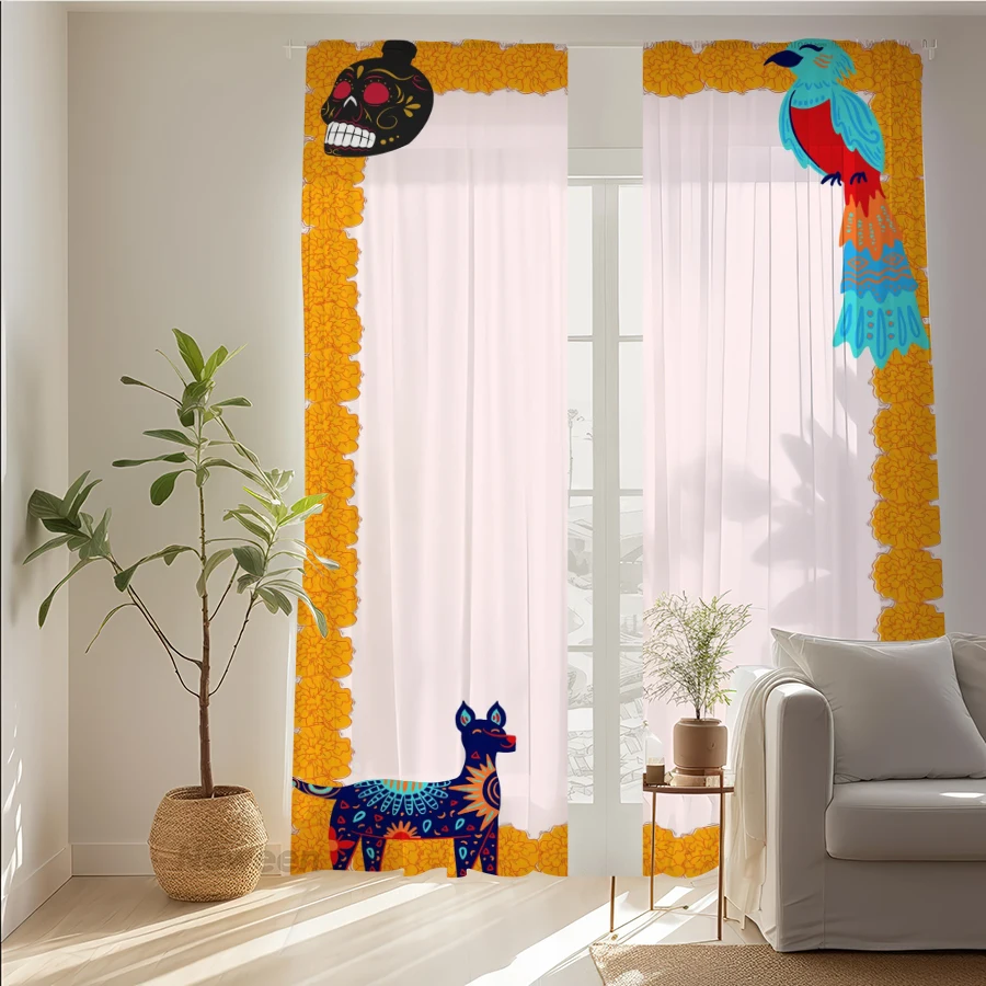 2PCS Digital Print Sheer Curtain, Mexican Day of the Dead Skeleton Bird Dog Window Drapes for Living Room Bedroom Home Decor