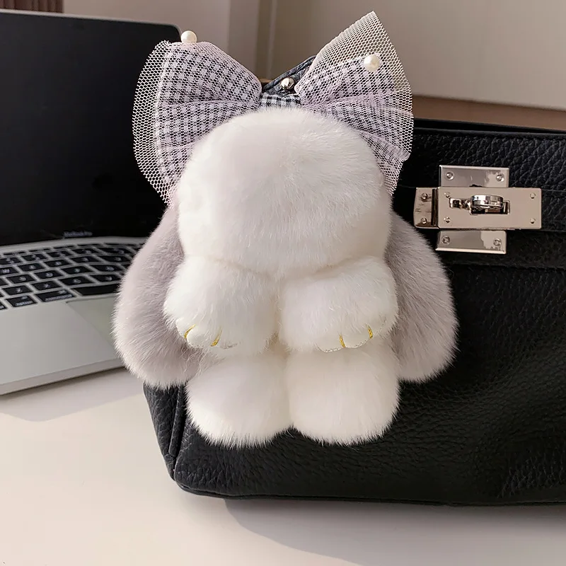 لطيف أفخم الأرنب المفاتيح مع Bowknot وهمية الأرنب الفراء مفاتيح السيارة حقيبة سحر رائعتين الأذن المرنة الأرنب قلادة للنساء