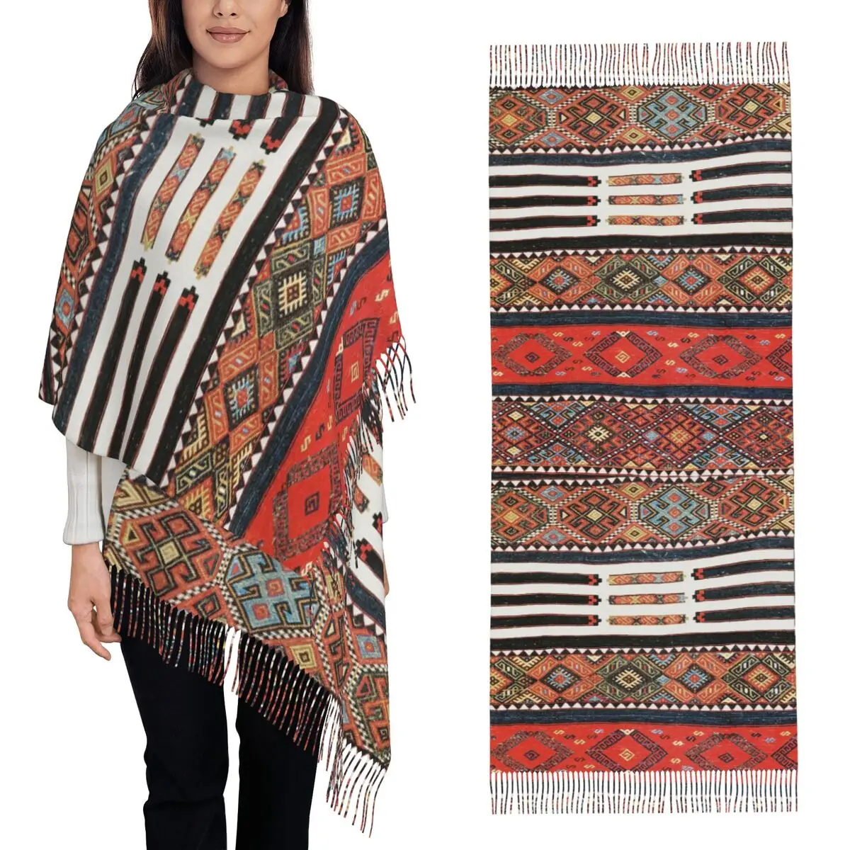 

Kurdish Turkish Kilim Bohemian Persian Tribal Ethnic Art Scarf Tassel Scarves Women Soft Warm Shawls and Wraps Long Shawl Wrap