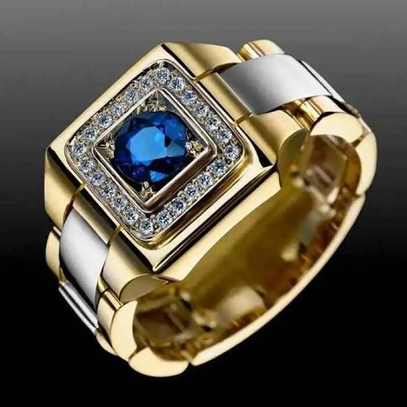 Huitan Luxuriöser zweifarbiger Damenring mit glänzendem blauen CZ-Stein, modische Accessoires für Party, Dame, wunderschöner Hochzeitsschmuck