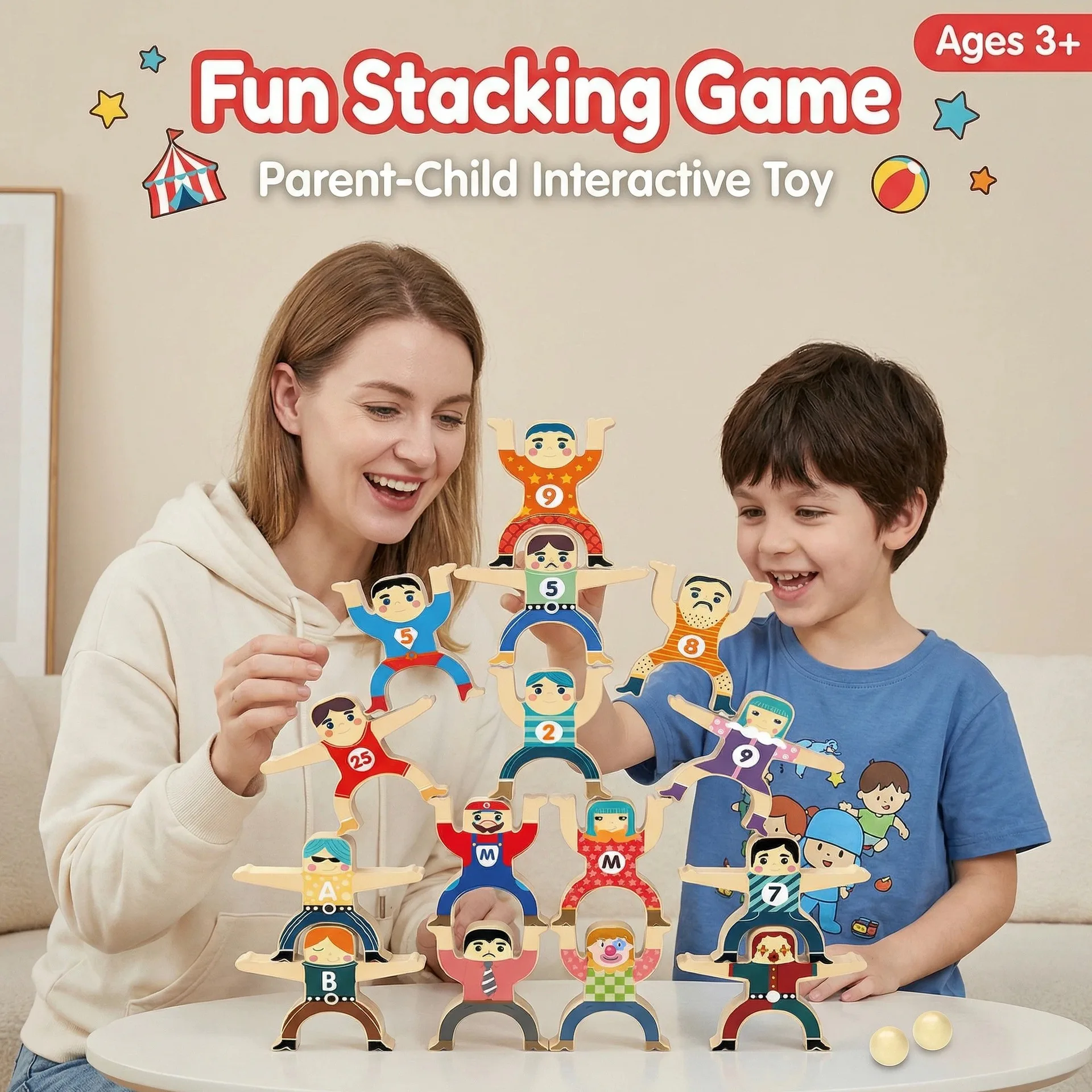 Board Game Diy - ของเล่นมอนเตสซอรี่ DIY ตุ๊กตาทรงตัว บล็อกไม้ แผ่นรองต่อ บล็อกสูง