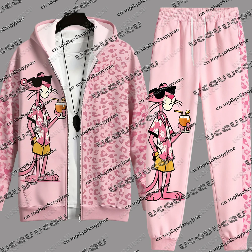

Спортивный костюм с принтом розовой пантеры, осенне-зимний модный комплект с капюшоном + длинные брюки, мужские повседневные уличные костюмы, мужская одежда больших размеров