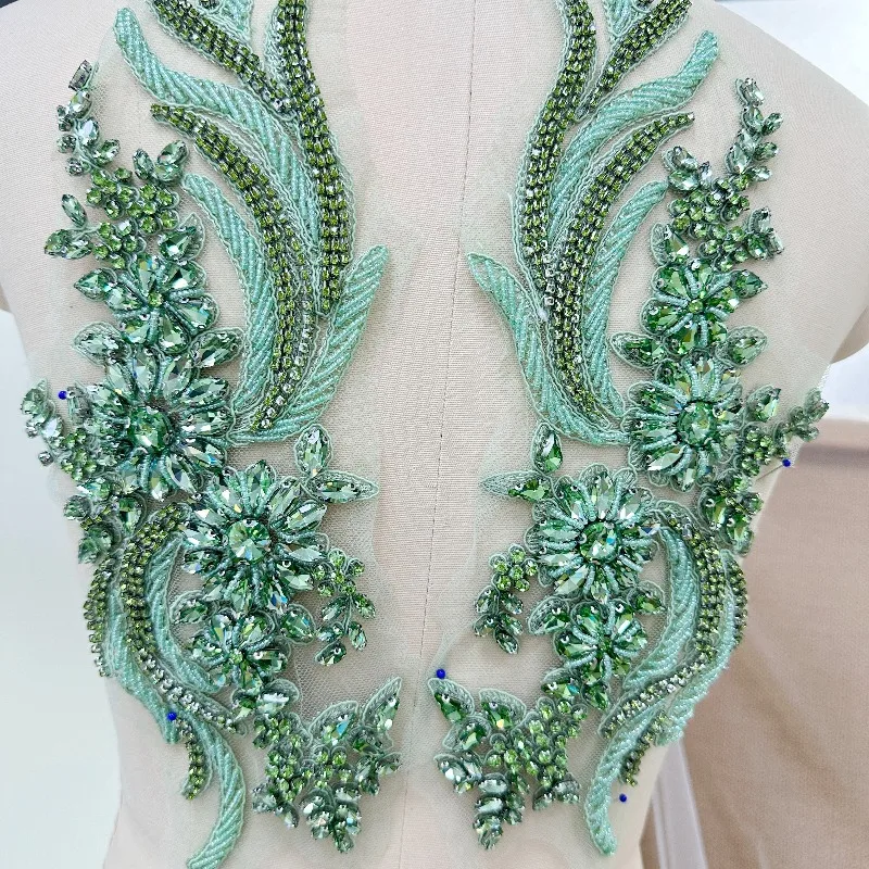 1 Pair  Apple Green Phoenix Tail 3D Rhinestone Collar Waist and Shoulder Decoration DIY Material for Creative Fashion Design