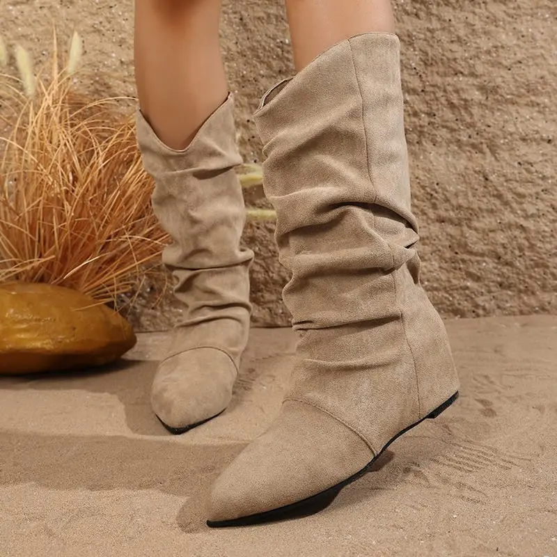 

Бархатные ковбойские сапоги в стиле вестерн, женские осенне-зимние новые сапоги до середины икры с острым носком на высоком каблуке с откидным воротником, сапоги выше колена