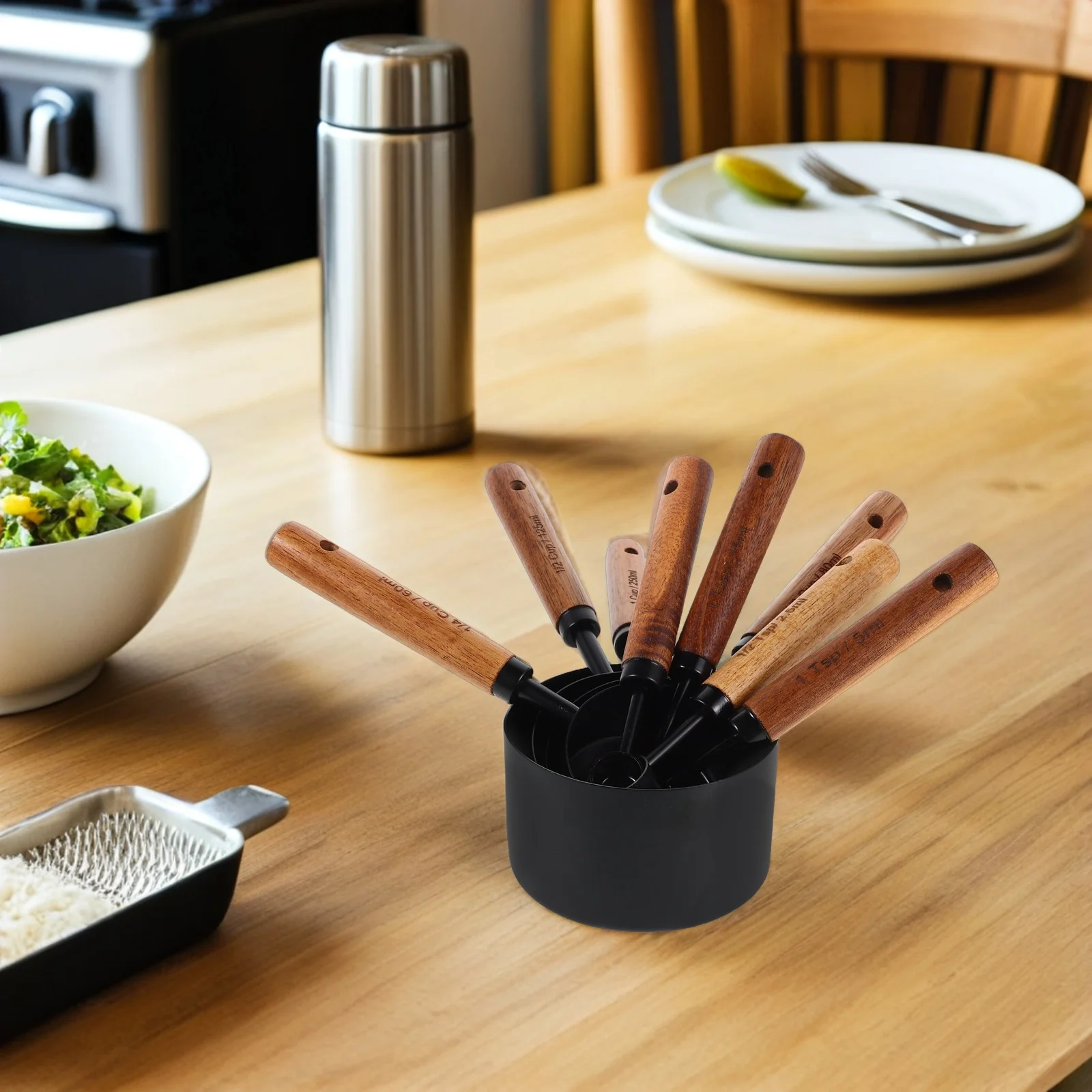 

8Pcs Stainless Steel Kitchen Measuring Spoons Cups Set Wooden Handle for Baking Cooking Precise Liquid Dry Ingredient Measuring