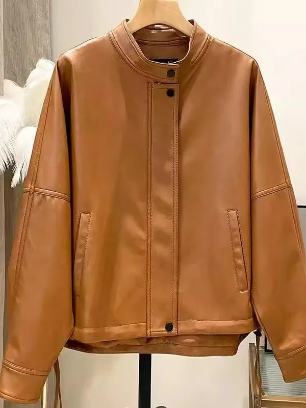 Cool Leather Jaet Women's ort eepskin Loose Slimming Large Size Sli Zipper Closure Long Sve Stand Collar Coat