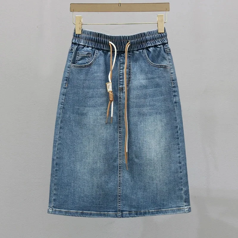 Korean Lady Large Size 5XL Denim Maxi Skirt Spring Summer Women Lace Up Jeans Long Skirts Femme In Half Body Cowboy A-line Skirt