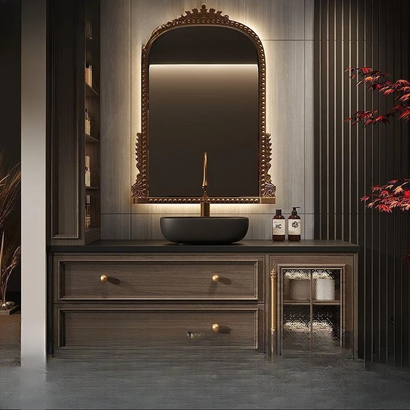 Oak bathroom cabinet, Song-style aesthetics, French retro rock slab washbasin, upper basin combination toilet washbasin