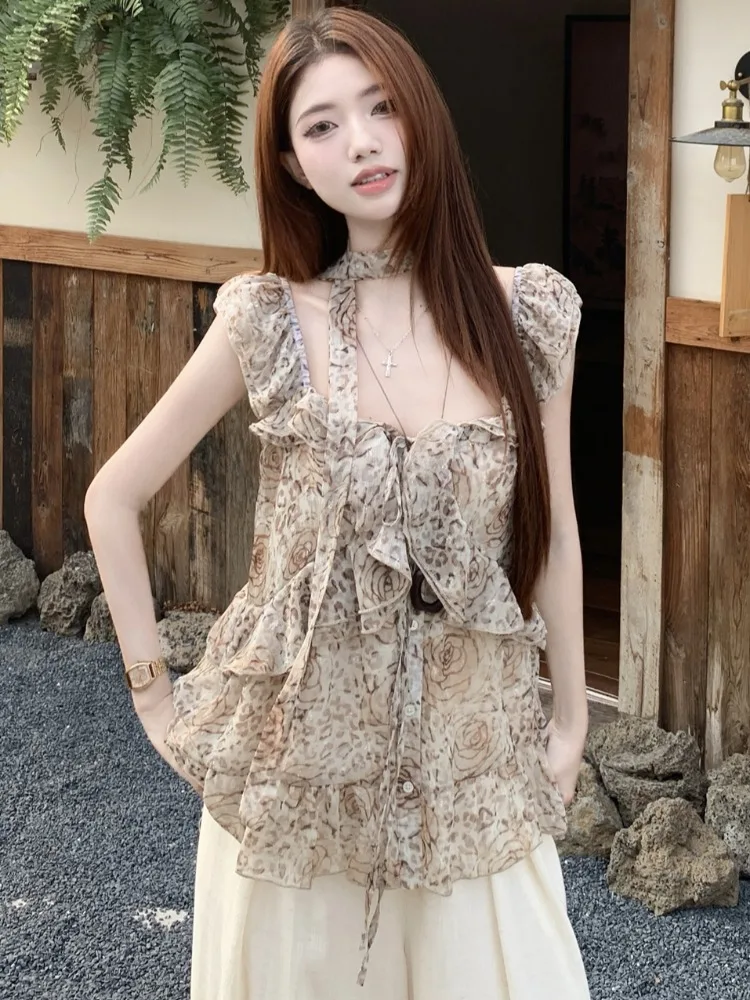 

Summer New Style Women's Leopard Print Chiffon Shirt Sleeveless Flounce Hem Citywalk Breathable Standard Fit Commute Style