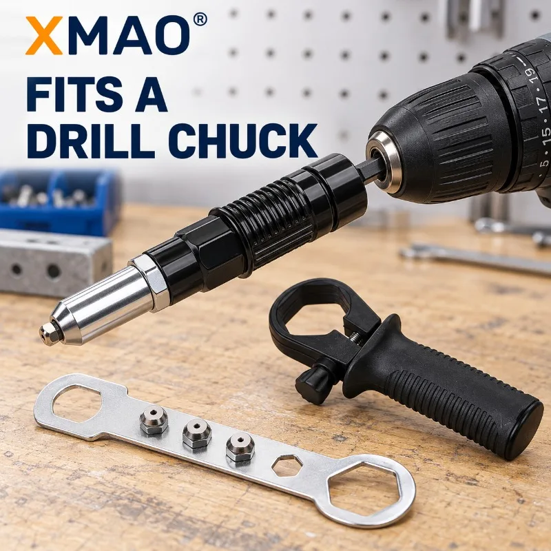 XMAO Blind Rivet Drill Attachment Kit, Riveter Adapter with Side Grip, Wrench and 4 Nosepieces for Metal Cabinet Assembly