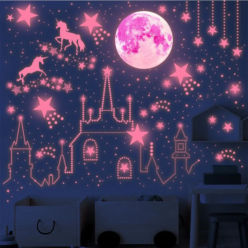 893Pcs Glow in the Dark Moon Unicorn Star Polka Dot Stickers for Children's Room Bedroom Fluorescent Wall Stickers