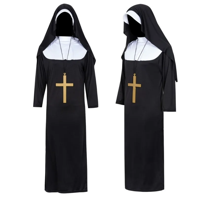 Halloween Adult Nun Costume Black Priest Pastor Outfit Women Men Role Play Church Fancy Party Cosplay Clothing