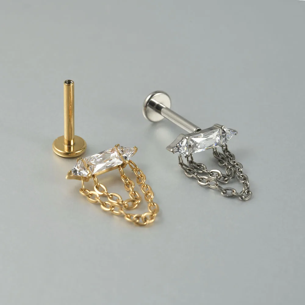 Dreamlee G23 Solid Titanium Chain Dangling Rook Helix Stud Inner Screw Flat Back Tragus Cartilage Earring Lobe Labret Piercing