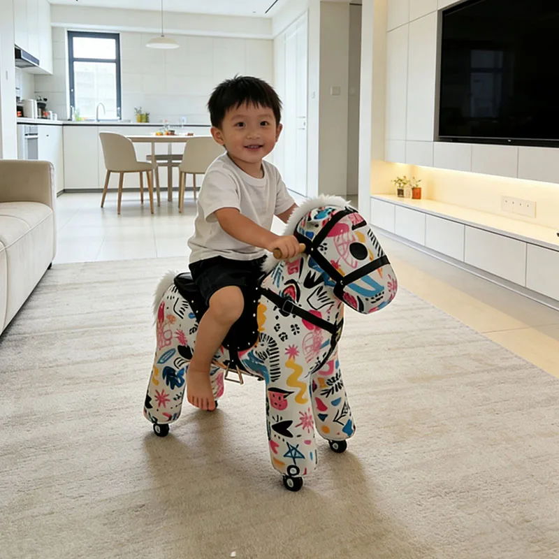 Home Furniture Graffiti Cartoon Kid Rocking Horse Stool Cute Cartoon Animal With Pulley Wooden Horse Seat Creative Birthday Gift