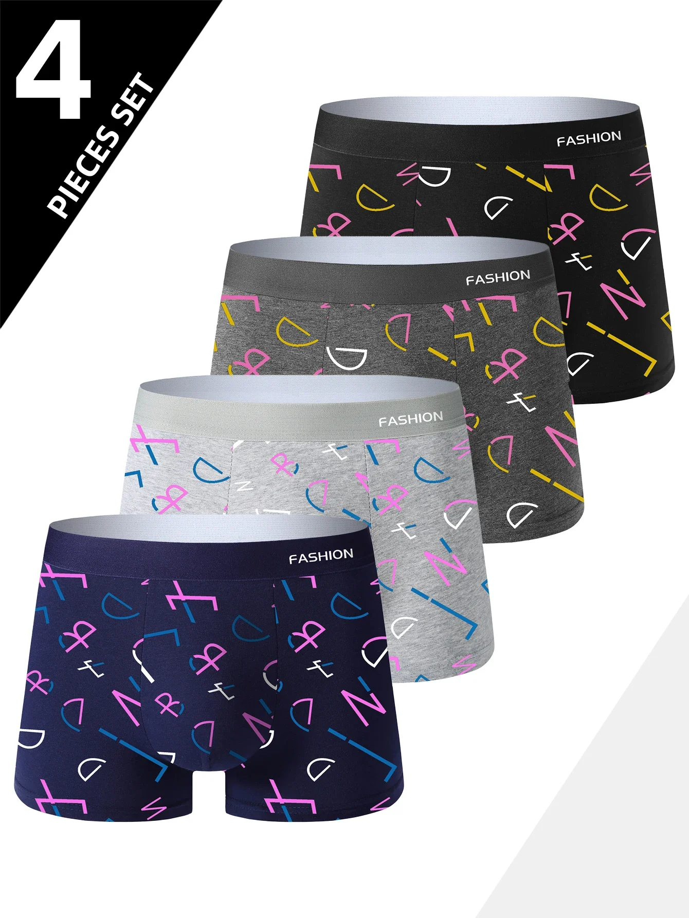4PCS Men's underwear, Monogram Classic Trend Print Sporty Breathable Men's Lingerie, Soft and Comfortable Panties