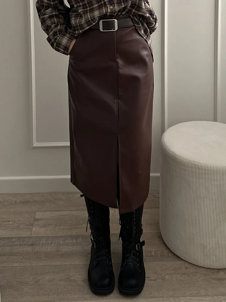 Long Leather Skirts For Women Brown High Quality PU Midi Bodycon Skirt Front Split High Waist Women's Leather Skirt Black Midi