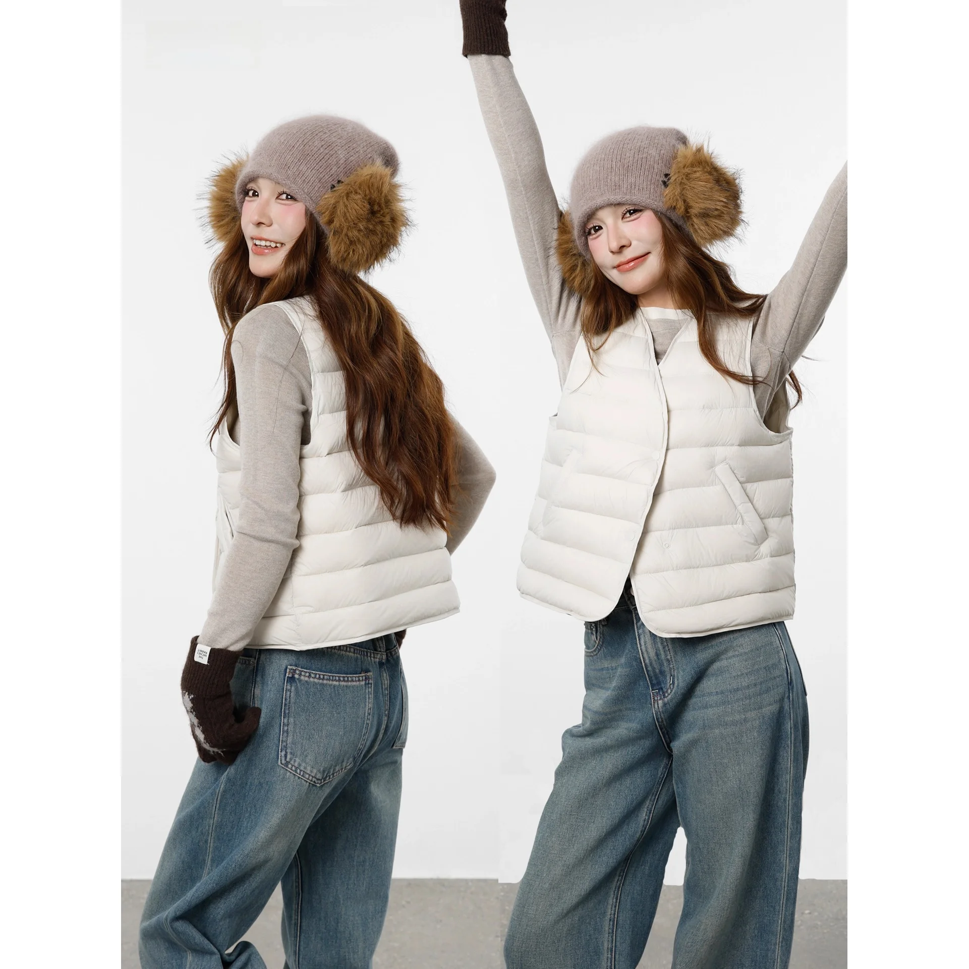 

Женский легкий пуховый жилет, новинка 2025 года, верхняя одежда, теплая подкладка с V-образным вырезом и двойной застежкой на пуговицы, модная одежда для поездок на работу...