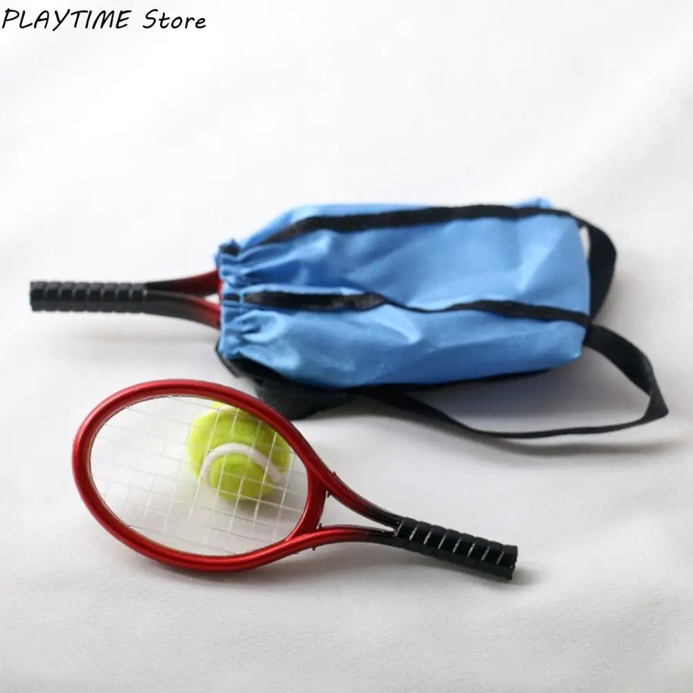 

4PCS/Set Doll Tennis Racket Kits Miniature Racquet Ball Bag Creative Photo Props For 1/6 1/12 DIY Dollhouse Accessories