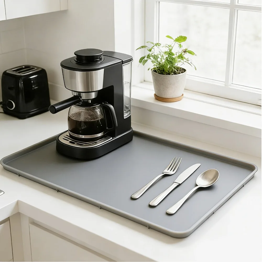 Raised Edge Silicone Coffee Mat Anti-Vibration Countertop Protector Coffee Machine Mat Heatproof Noise Reduction Coffee Bar Mat