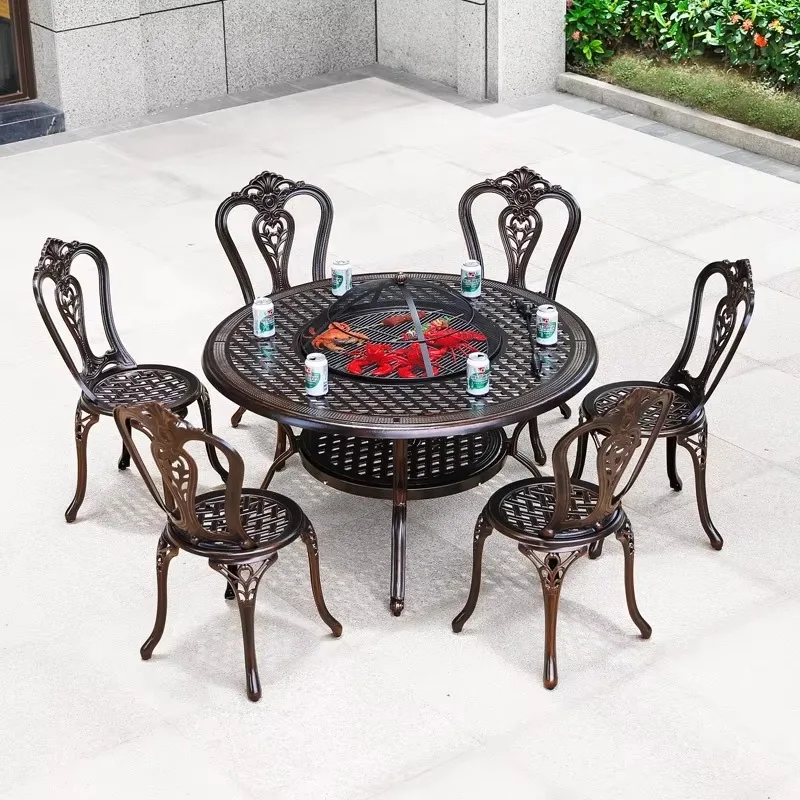 Cast aluminum grill on table round with fire pit and lid in the middle 6-piece metal chair 122cm multifunctional table