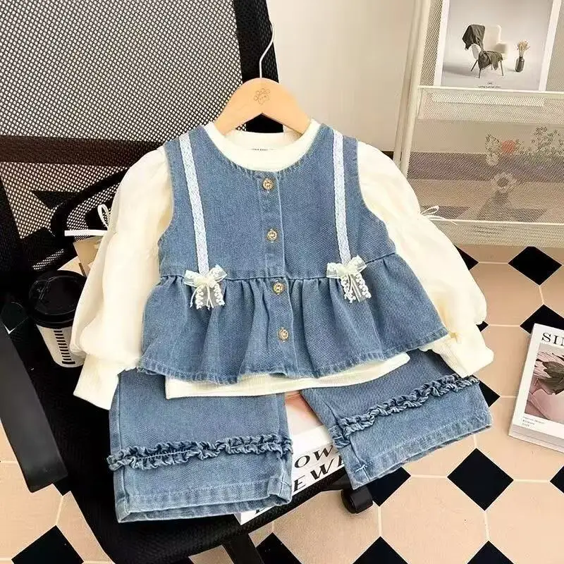

Girls' Spring and Autumn Set New Fashionable Children's Casual Deinm Vest+Jeans 3-Piece Set 90-140CM