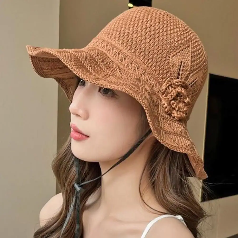 Fisherman Hat Three-Dimensional Flower Decoration Summer Sun Hat Hollow Crochet Large Brim Sun Protection Hat Summer Fishing Cap