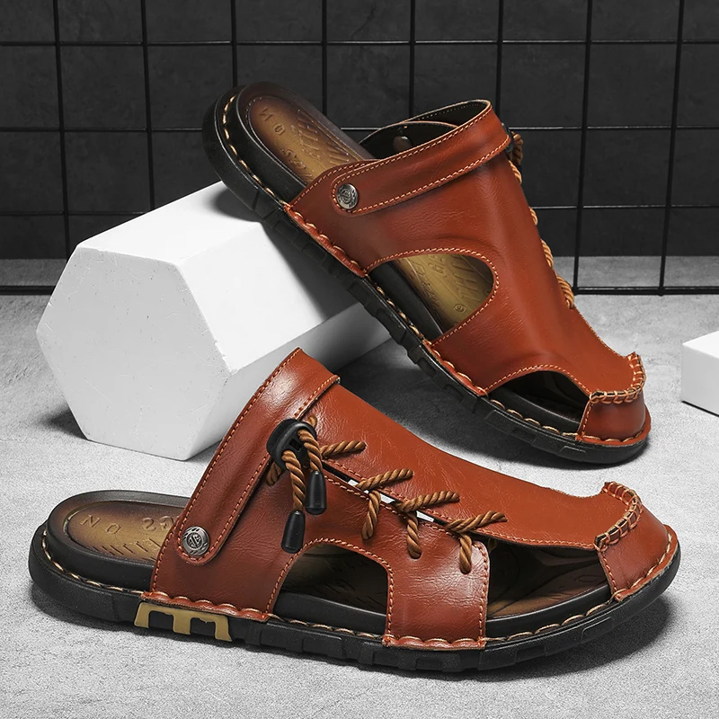 

Fashion Mens Sandals Genuine Leather Summer Beach Slippers Male Non-Slip Soft Comfortable Outdoor Shoes High Quality Man Sandals