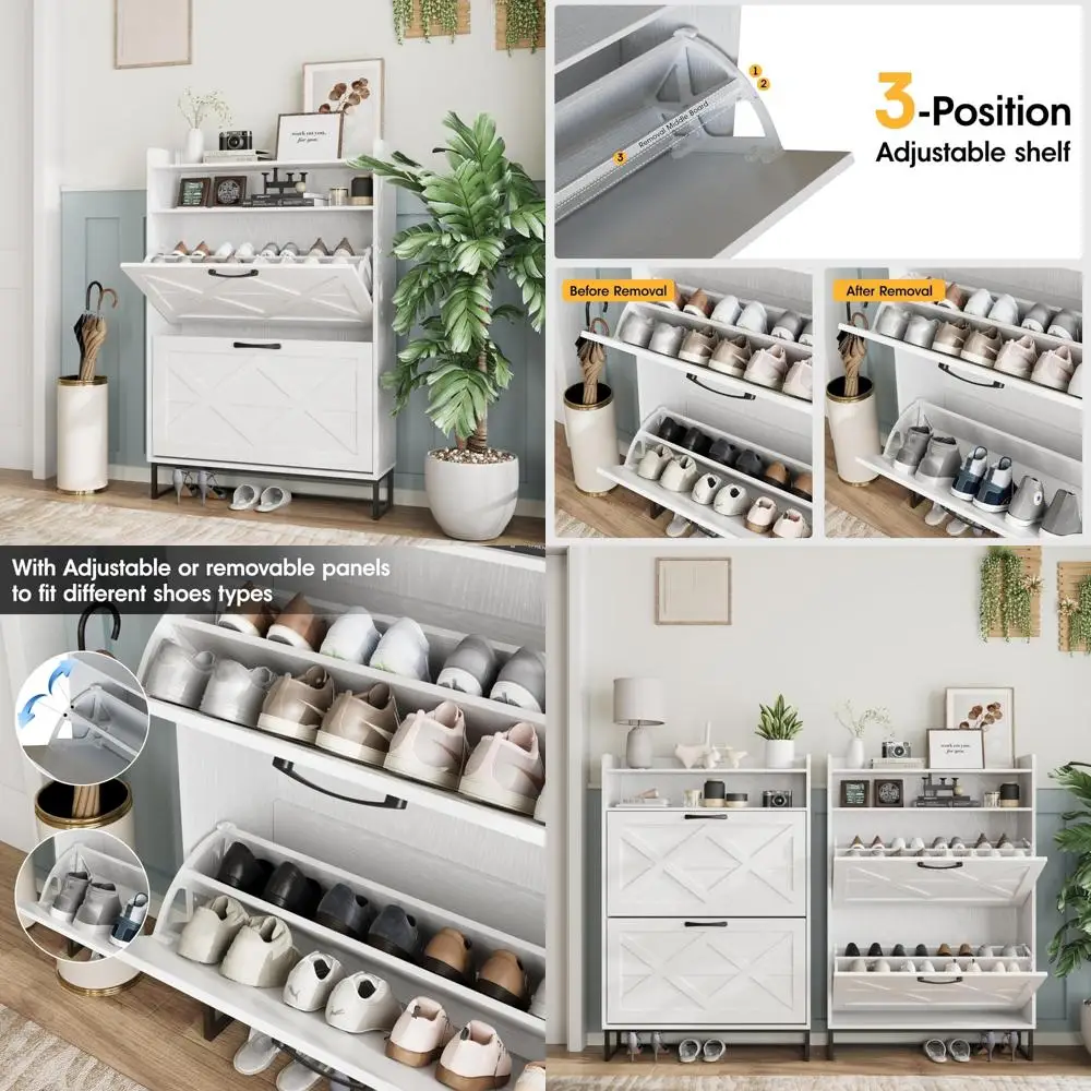 

Narrow Entryway Shoe Storage Cabinet with 2 Flip Drawers, Freestanding Metal Leg Design for Shoe Organization