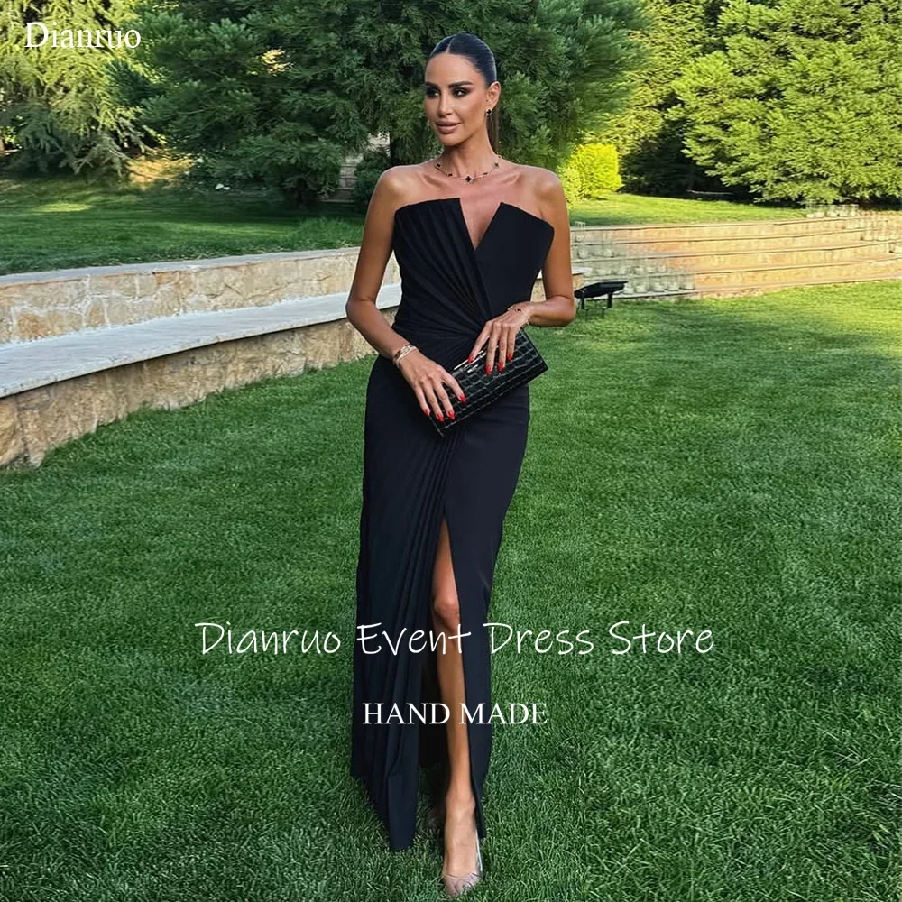 Dianruo 黒シャーリングイブニングドレスハイスリットサテンマーメイド Vestidos デ フィエスタフィットノースリーブ Abiti Da Cerimonia カスタマイズ
