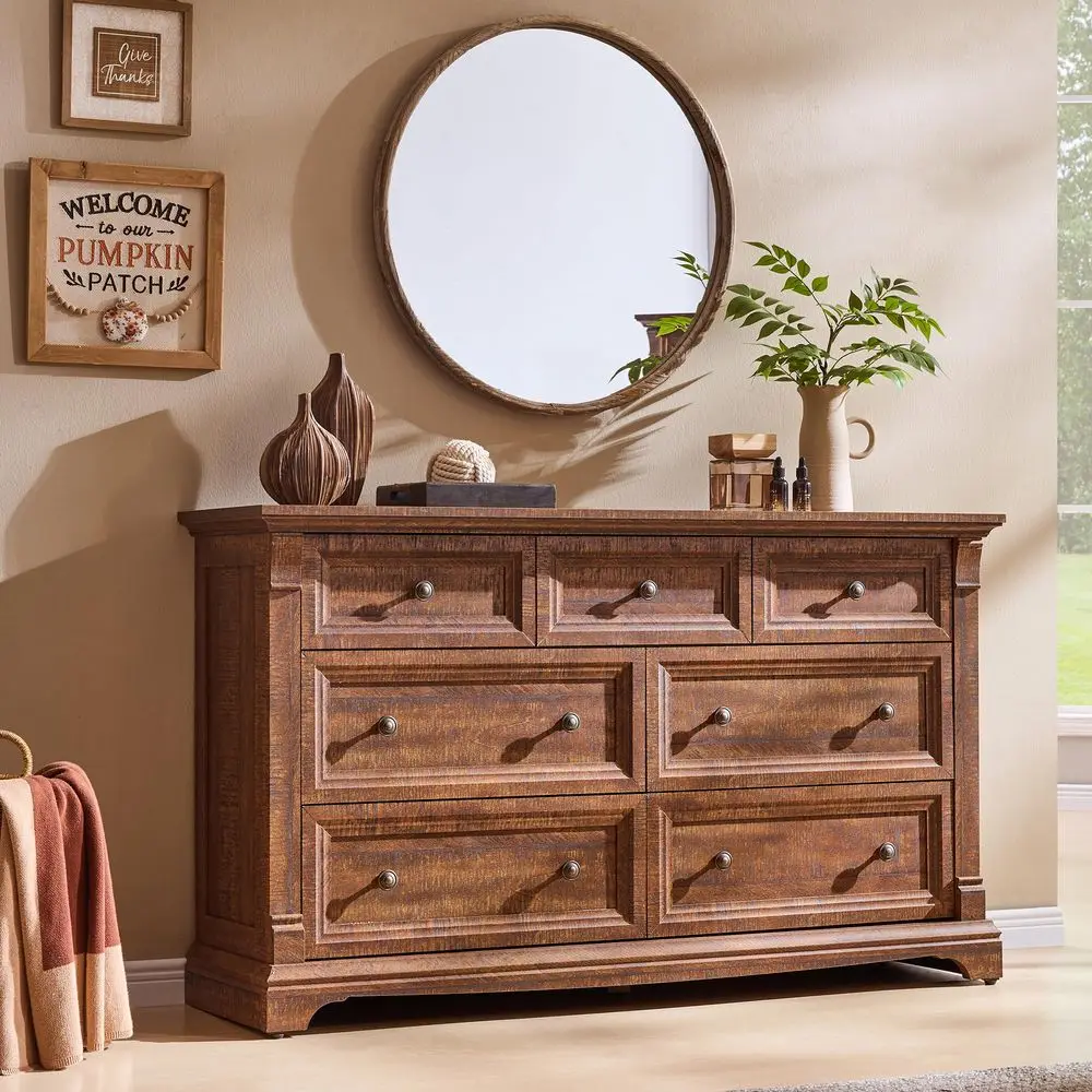 

Farmhouse 7 Drawers Dresser for Bedroom, 54 Wide Wood Rustic Chest of Drawers w Roman Column, Wooden Storage Dressers Organizer