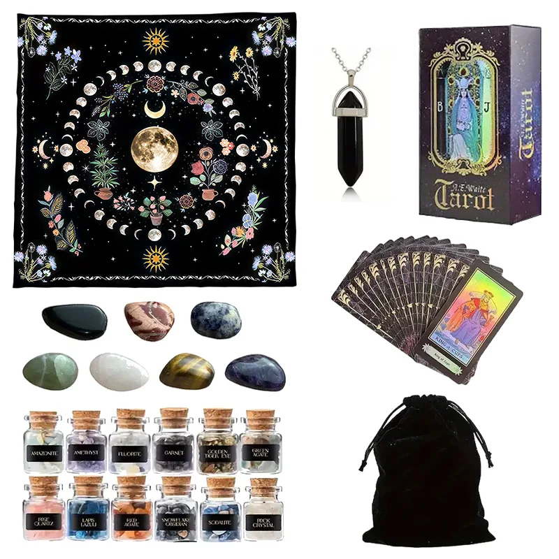 

Tarot Card Set 1 Set 78 Tarot Cards 12 Mini Crystal Vases 7 Chakra Stones 1 Tarot Tablecloth 1 Pendant Accessory 1 Storage Bag