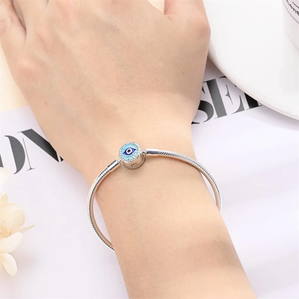 Beautiful 925 Sterling Silver Blue Devil's Eye White Pavé Detachable Bracelet For women's Dating Jewelry Accessories