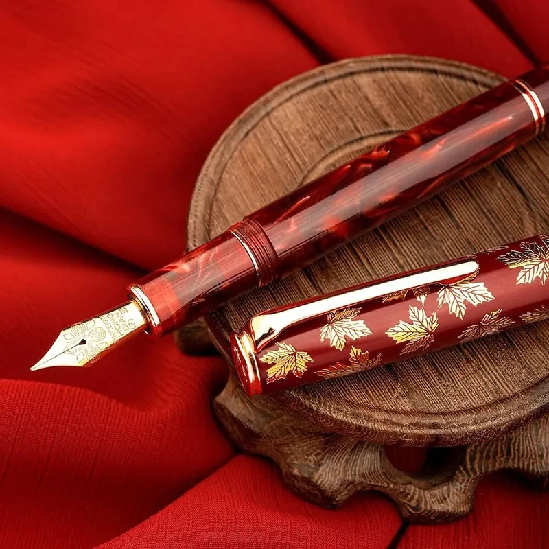 Hongdian N8 Penna stilografica in resina acrilica rossa con foglia d'acero Tappo intagliato EF/F Pennino Trim Penna per scrittura liscia con convertitore Penne regalo