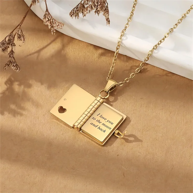 Custom Book Engraved Name and Messages Necklace Personalized Mini Book Locket Necklace Openable Multi Layer Memory Necklaces