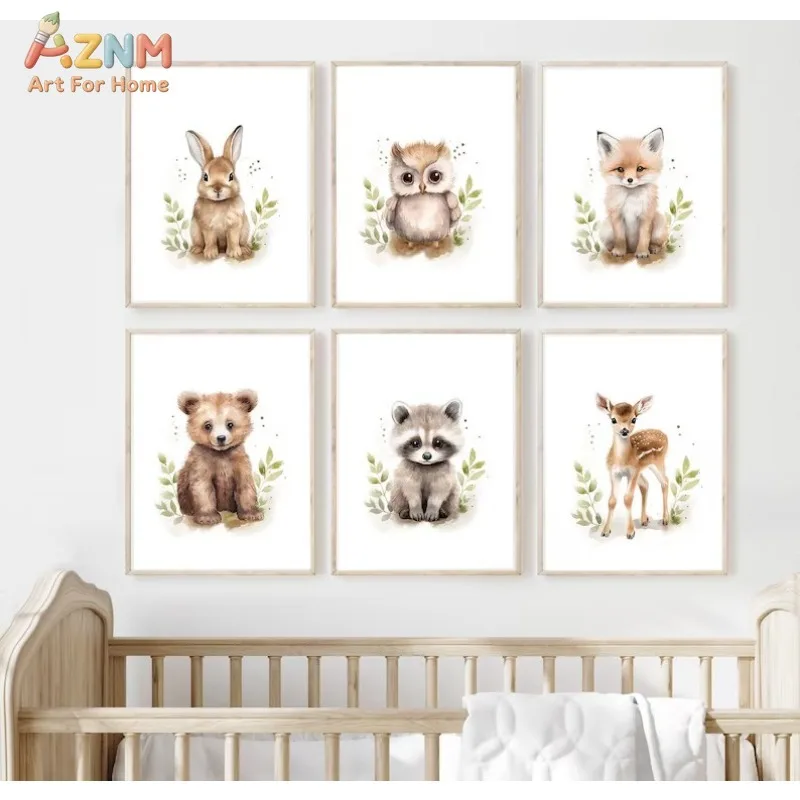 AZNM Watercolor Woodland Baby Animal Canvas Wall Art Bunny Fox Bear Print for Nursery Decor