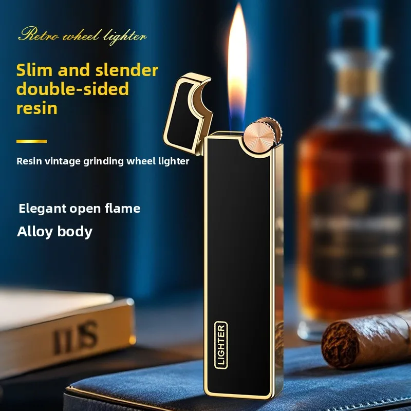 Retro Personality Metal Grinding Wheel Open Flame Lighter Resin Long Strip Inflatable Slender Cigarette Lighter Men's Gift