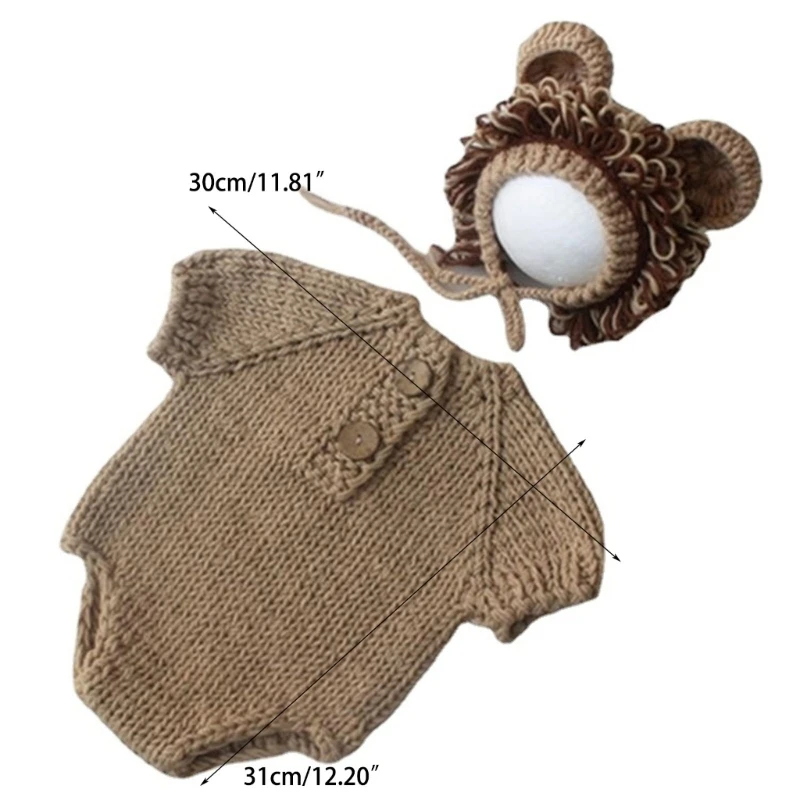 Baby Photo Costume Hat & Bodysuit Outfit Newborns Photo Props Photoshoot Jumpsuits Infant Skin-Friendly Lion Suit Romper