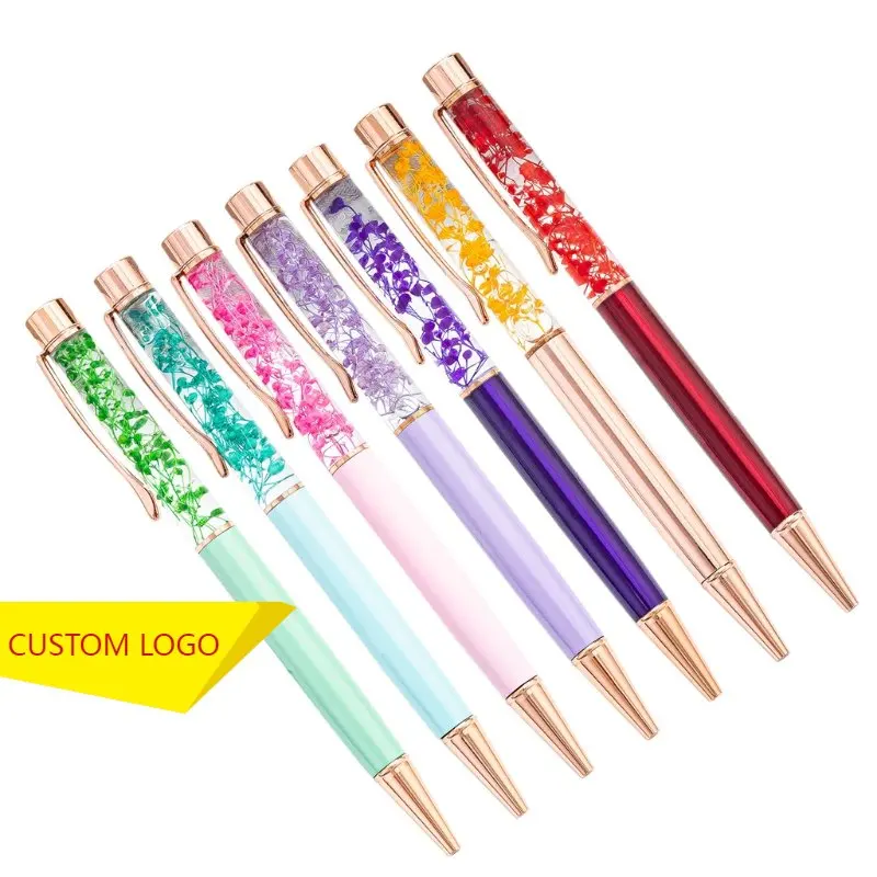 Customized Logo Or Name Dynamic Liquid Flower Dries Flower Ballpoint Ballpoint Pens Liquid Metal Ballpoint Pens Office Supplies