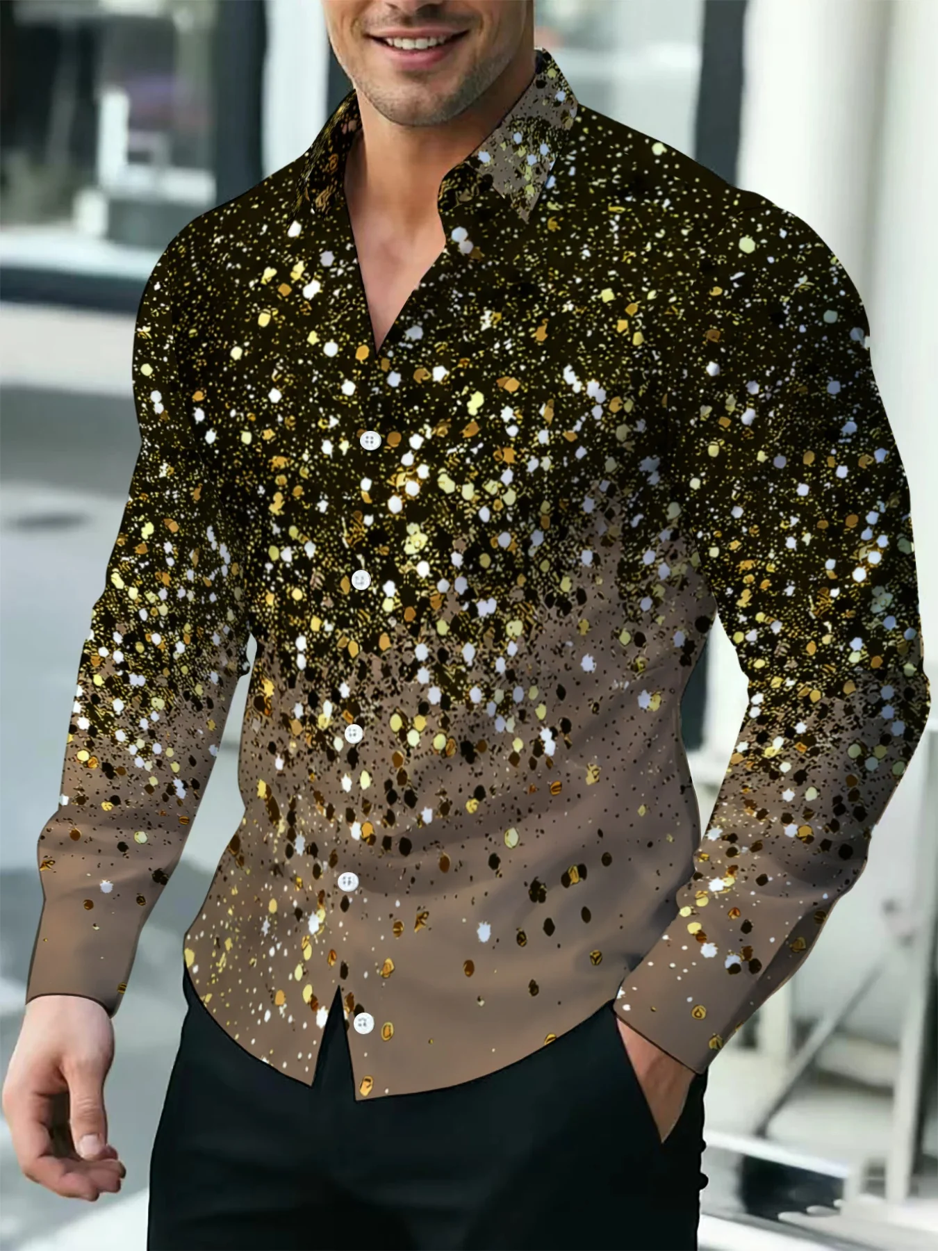 Men Long Sleeve Button‑Up Shirt Gradient Gold Silver Sequin‑Imitation Glitter Lapel Party Casual Tops